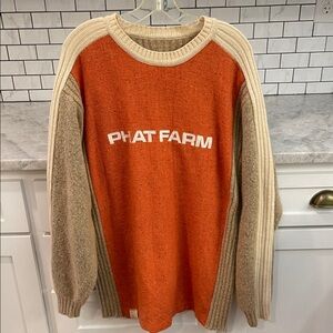 Phat Farm Sweater Mens XL Orange Beige Wool Vintage Crew Neck Ribbed Spell Out